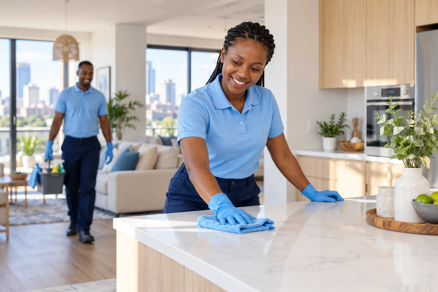 Illustrative image of professional cleaners in blue uniforms caring for a bright apartment