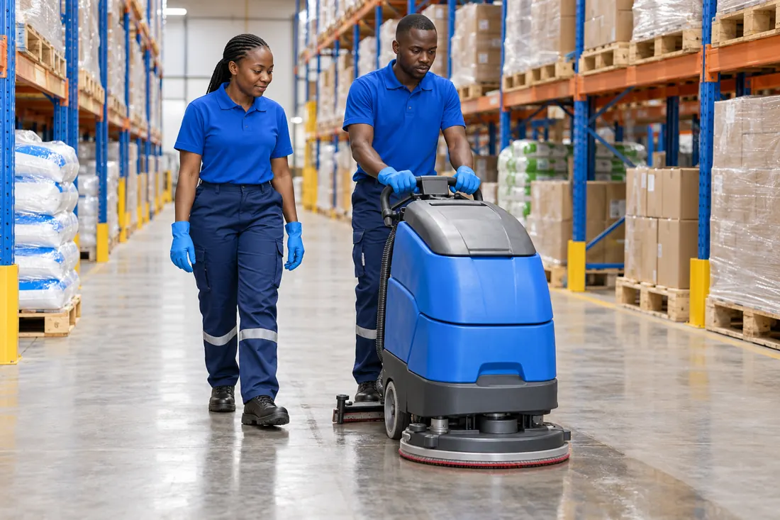 Illustrative image of a blue-uniformed team cleaning a warehouse floor