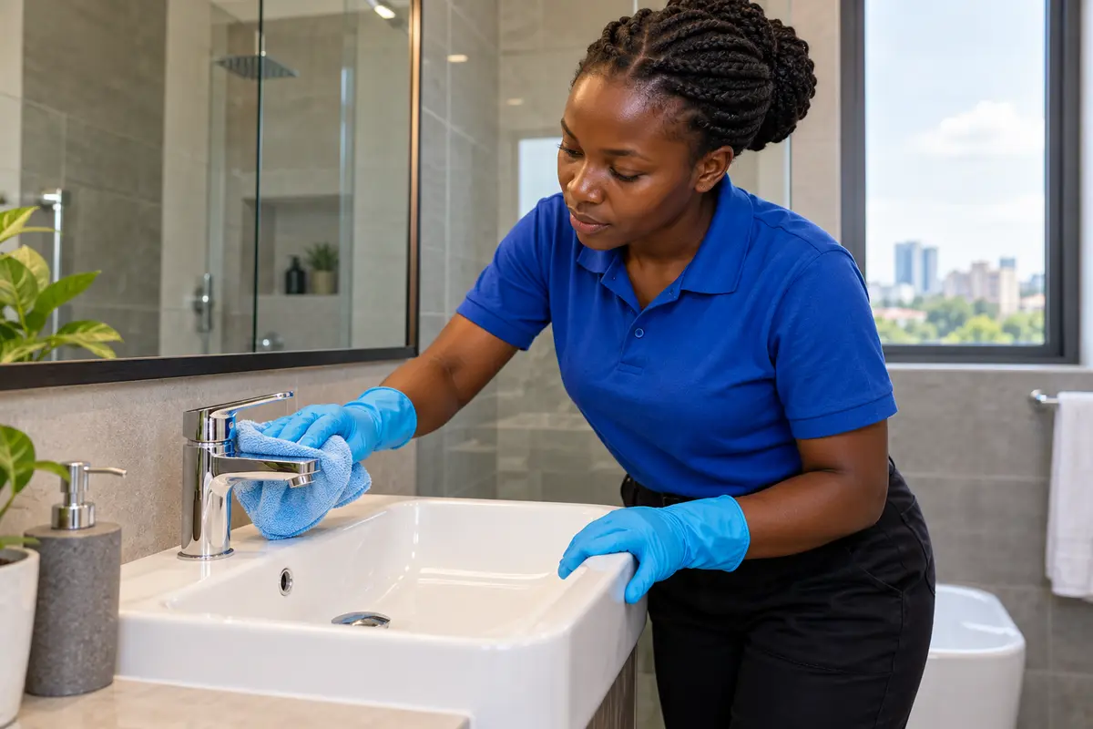 Illustrative image of a cleaner detailing a bathroom basin and tap in a Nairobi apartment