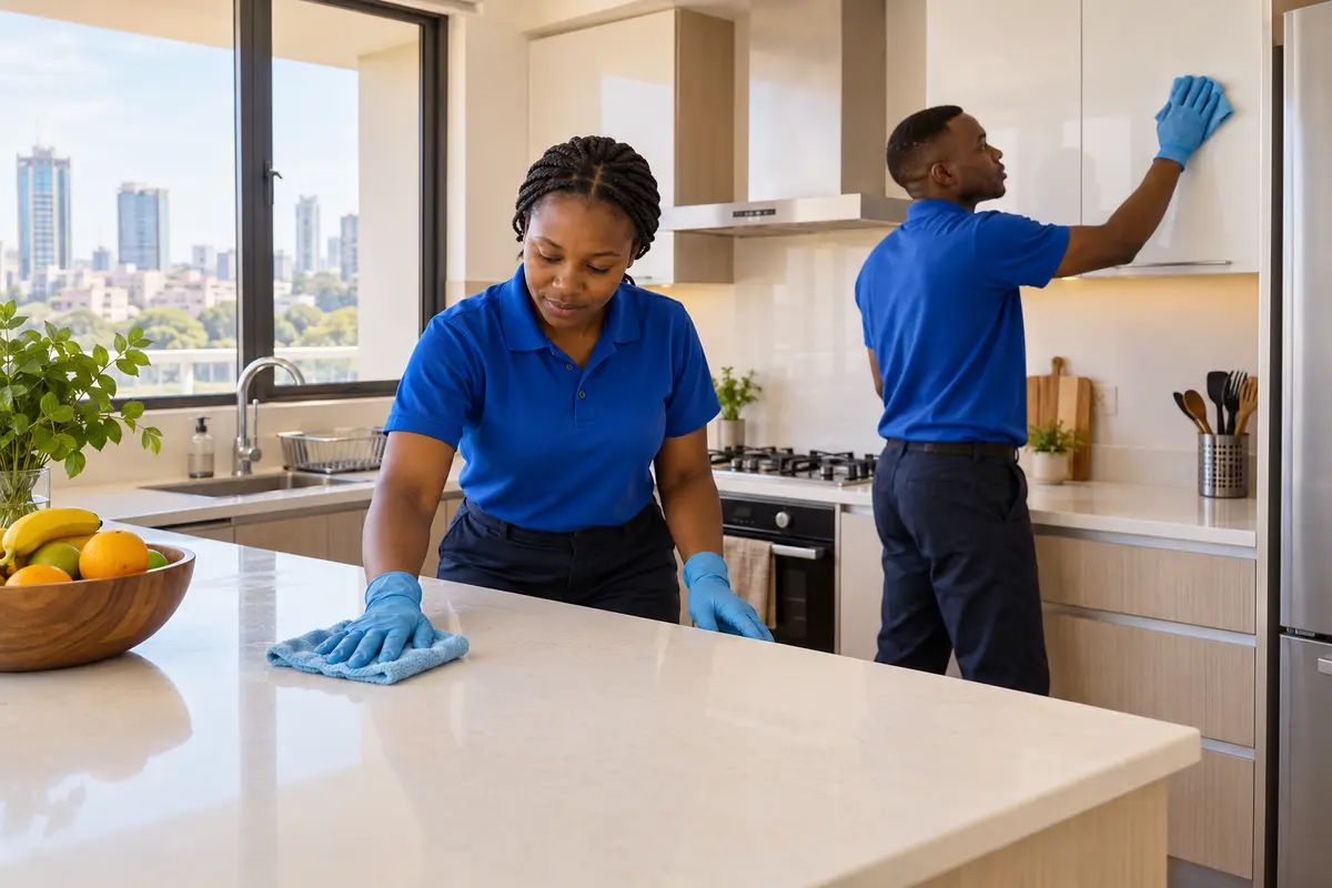 Illustrative image of cleaners in blue uniforms deep cleaning a Nairobi apartment kitchen