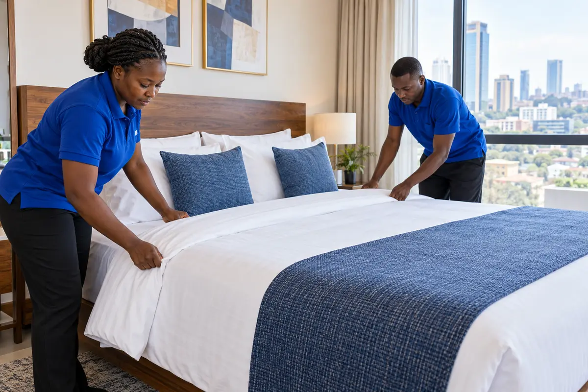 Illustrative image of housekeeping professionals preparing fresh linen in a Nairobi furnished apartment