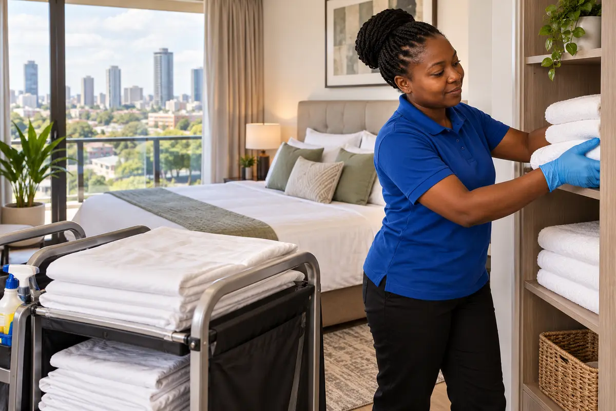Illustrative image of a cleaner arranging fresh towels and linen for a Nairobi furnished stay