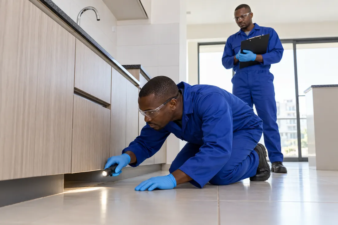 Illustrative image of pest technicians inspecting an unoccupied kitchen