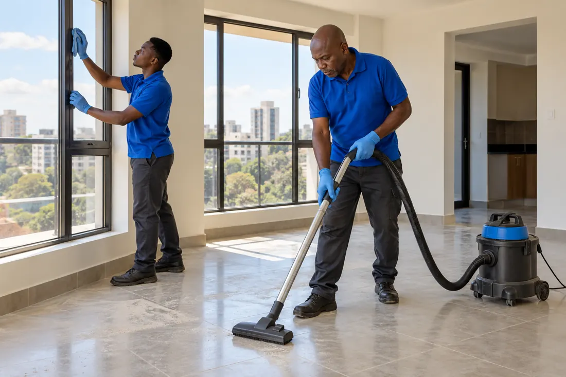 Illustrative image of two cleaners cleaning an unfurnished apartment after renovation