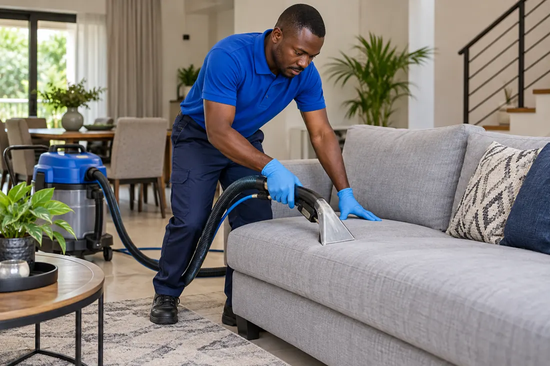 Illustrative image of a cleaner using a fabric sofa extraction tool